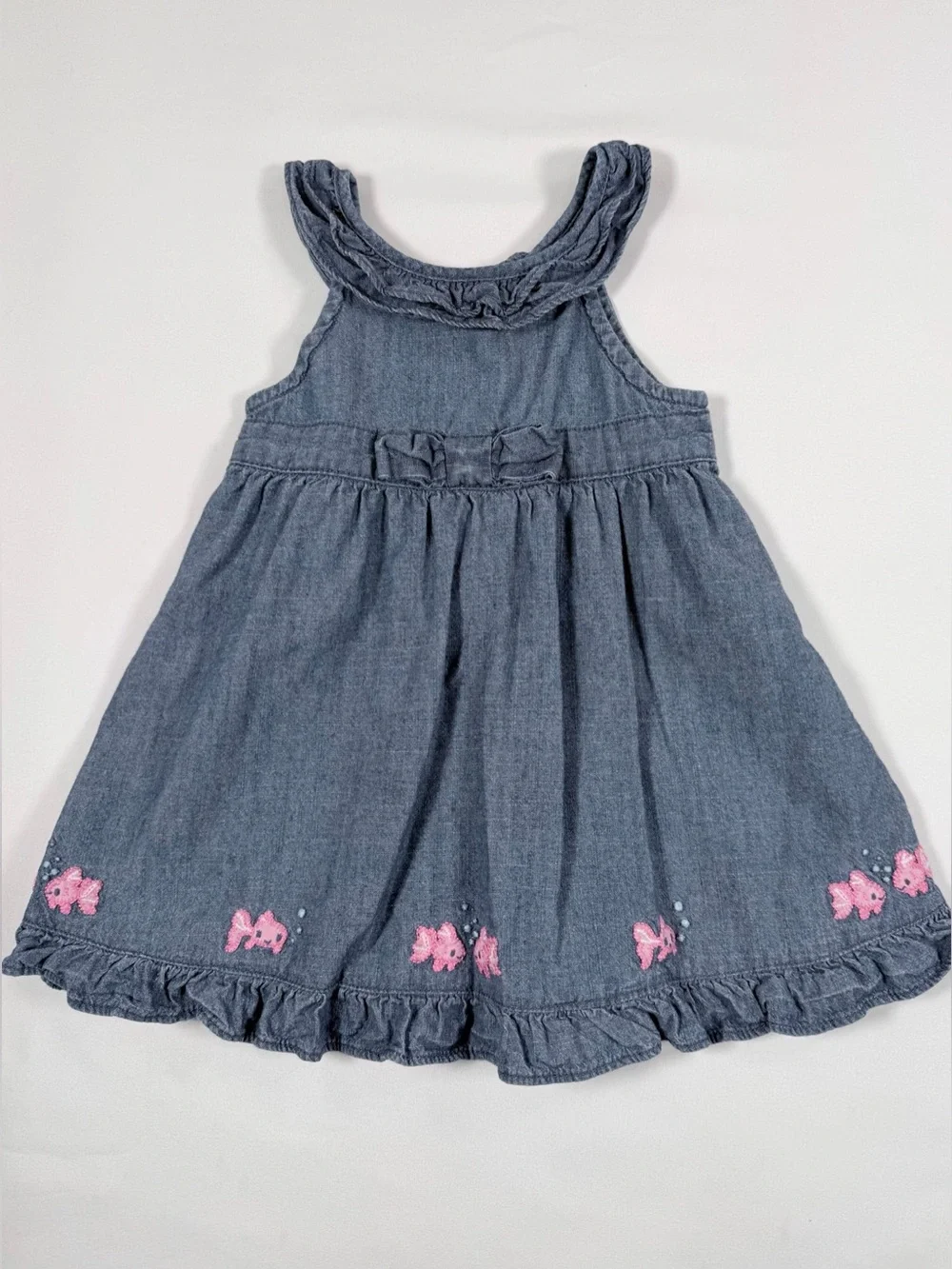 GYMBOREE Girl VTG Bubbly Baby Line‎ Chambray Fish Embroidered Ruffle Dress 6-12M